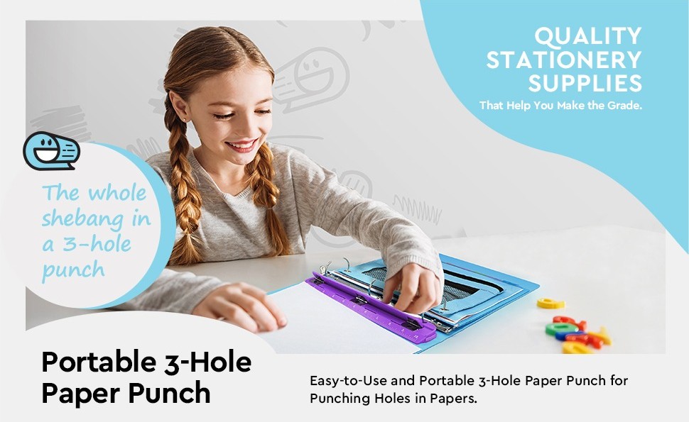 3 Hole Punch Red, Portable Hole Puncher for 3 Ring Binder, 3 Sheets  Capacity, Removable Chip Tray, 10” Ruler for School, Office, Also Available  in