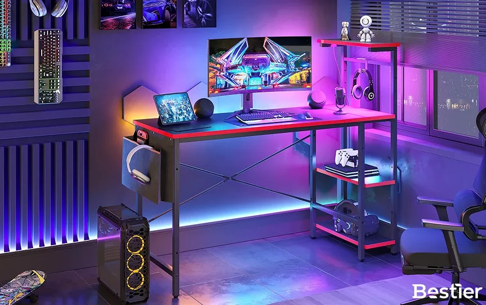 Bestier 52 inch Gaming Computer Desk with LED Lights & Shelves Carbon  Fiber, Reversible desk