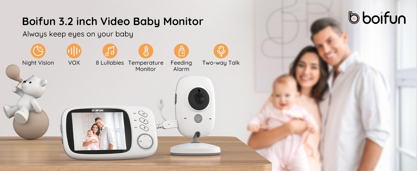 Boifun Babyphone Kabellos mit Kamera und 3,2 Zoll LCD VOX  Temperaturüberwachung