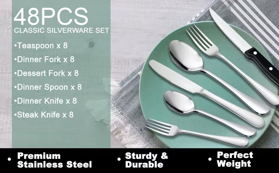 $5/mo - Finance Tribal Cooking 48 Piece Silverware Set - Service for 8 -  Stainless Steel Flatware serving set - Cutlery Set - Knives, Fork, and  Spoon - Utensil sets - Dishwasher Safe - Stunning Polished Finish