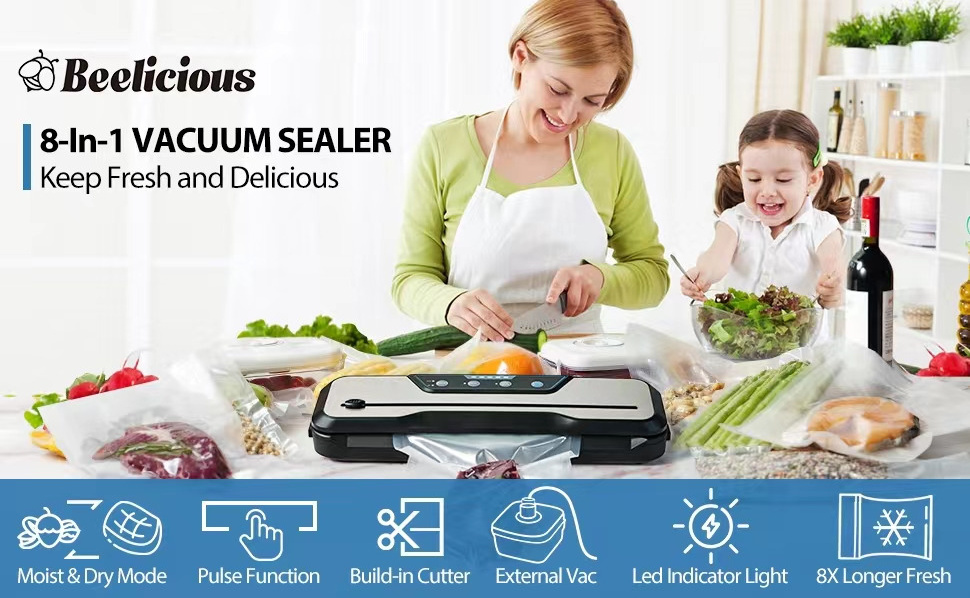 Vacuum Sealer Machine, Beelicious® 85KPA Fully Automatic 8-IN-1 Food Sealer  with Bags Storage, Build-in Cutter, Moist Mode and Air Suction Hose, Digital Countdown