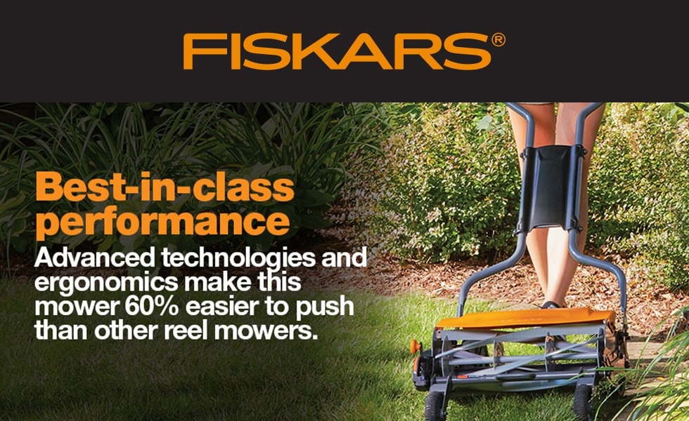 Fiskars Reel Lawn Mower 18-inch 5-Blade Push Mower with InertiaDrive for  More Cutting Power 