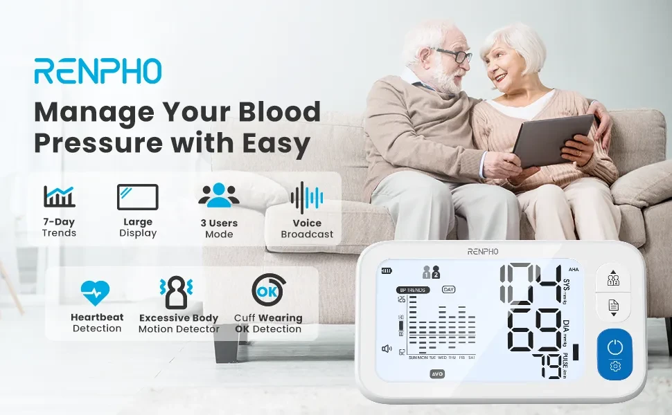 Bluetooth Blood Pressure Monitor, RENPHO Wireless Upper Arm BP Machine for  Home Use Large Cuff, Accurate Digital Smart BP Cuffs with Large Display,  2-Users, App for iOS Android, Unlimited Memories Large (Pack