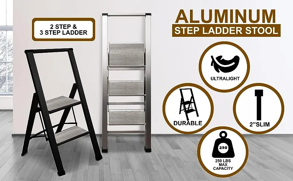 Generic Sorfey Aluminum Folding 2 Step Modern Ladder, Anti Slip, Sturdy,  Lightweight and 2 Slim Design, Very Easy to Store, Heavy