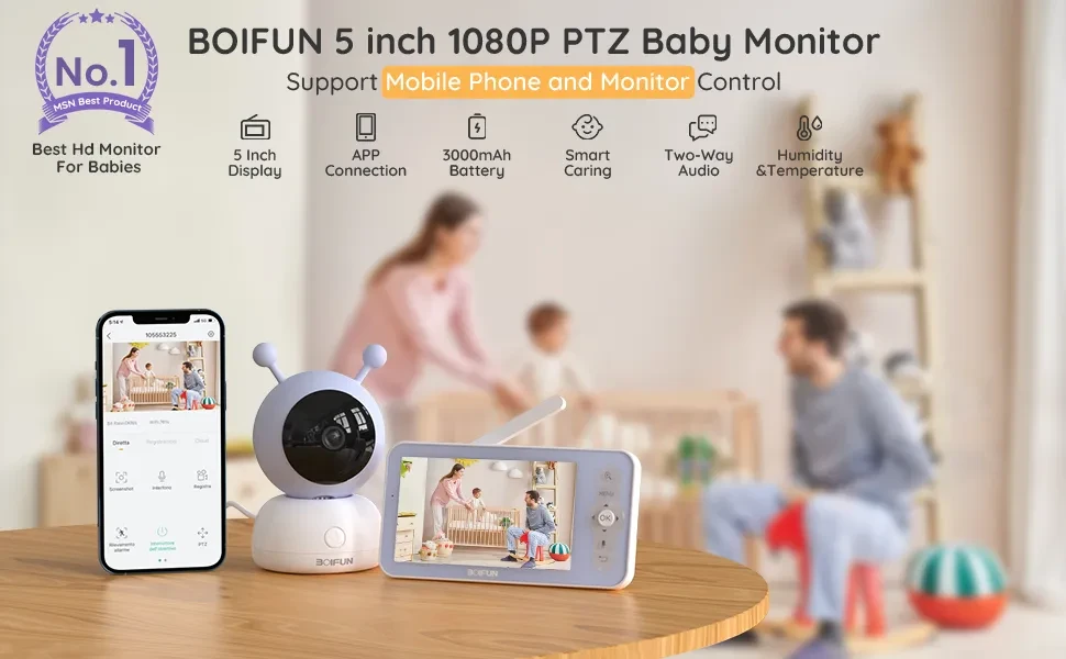 BOIFUN 5 Babyphone mit Kamera 1080P/2K Display Video Nachtsicht Temperatur  Zoom