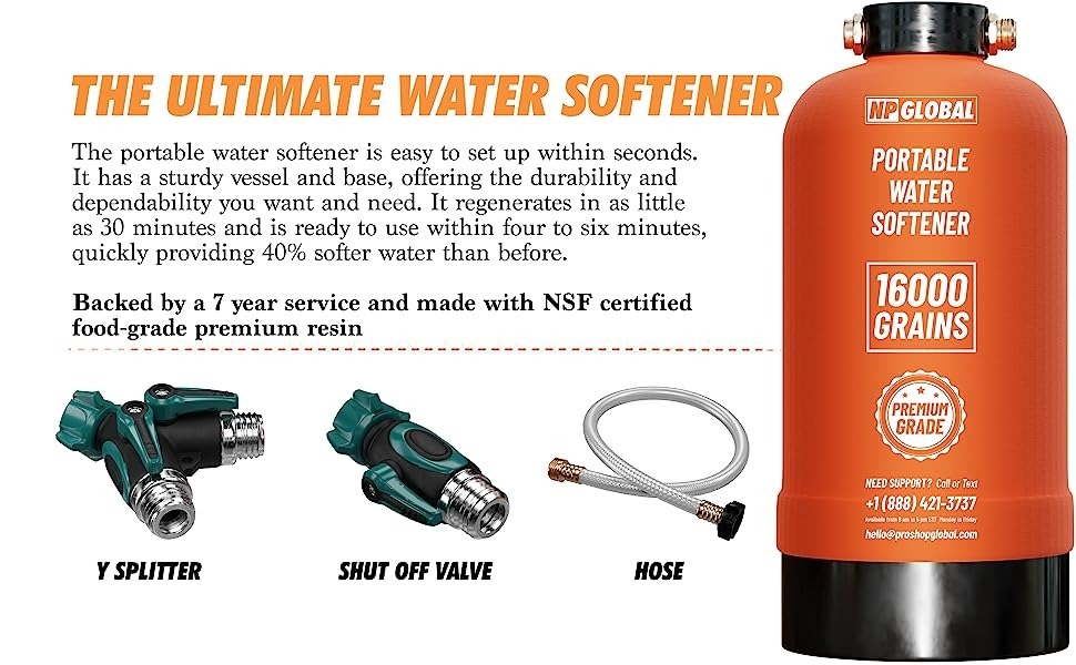 Portable RV Water Softener 16,000 Grains and Filtration System Bundle,  Filter and Soften Hard Water For RV Trailers Vans