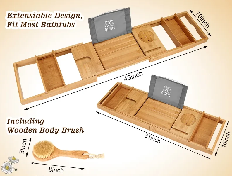 JumblWare Bamboo Bathtub Caddy, 43 x 9.8 x 1 Wooden Bath Tray with  Handles & Extendable Sides