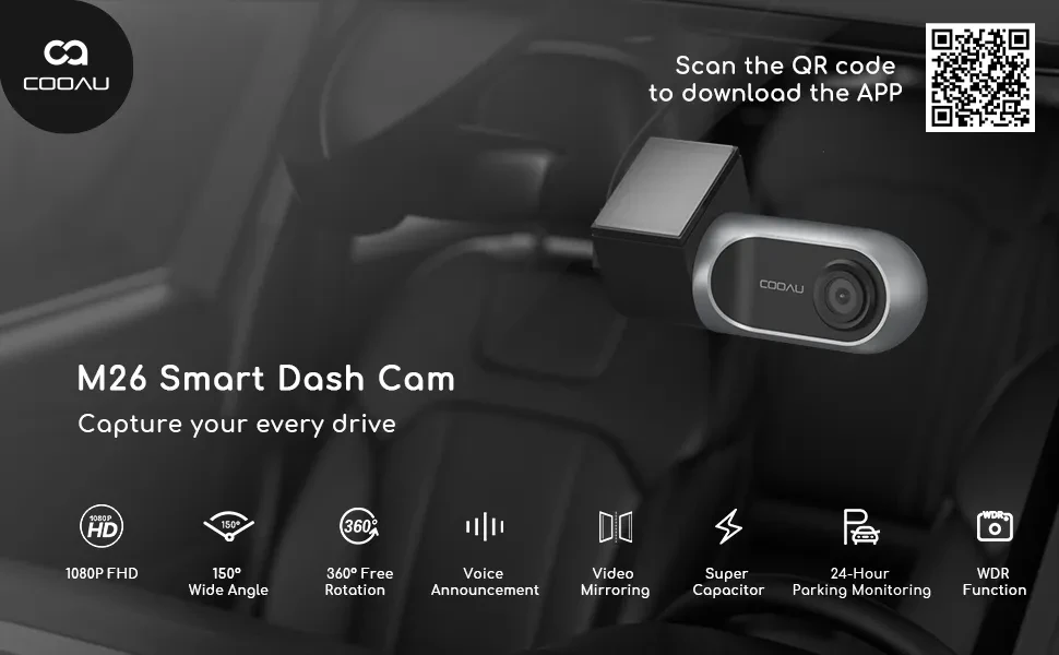 COOAU Car Dash Cam Front, Wireless, 1080P, Loop Recording, Parking