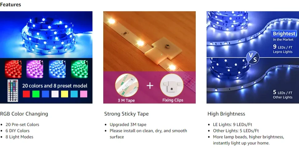 Lepro 50ft RGB LED Strip Lights Set (2x25ft) with 12V ETL Adapter, 5050 LEDs,  Remote Control, Color Changing Tape Light - Ideal for Living Room, Bedroom,  Dining Room, Kitchen