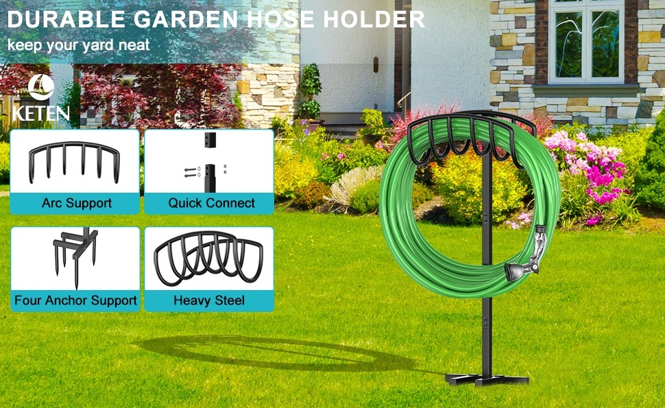 Garden Hose Holder - Water Hose Holders for Outside，Hose Stand Outdoor  Freestanding,Upgraded Hose Holder Stand with 4 Ground Nails, Heavy Duty  Metal Hose Hanger,Holds 150-feet Hose,Black : : Patio, Lawn &  Garden