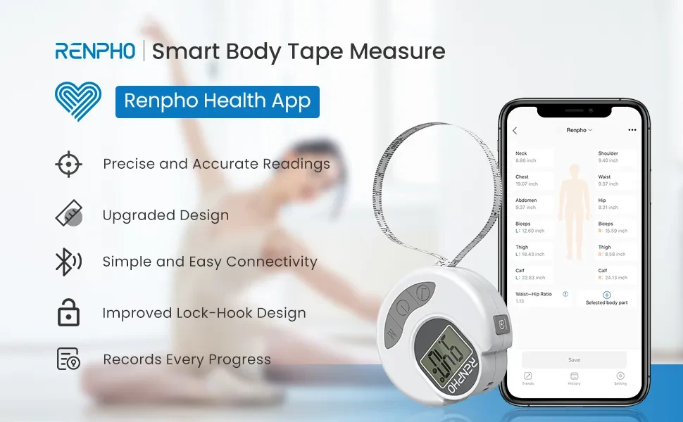 Tape Measure for Body RENPHO Smart Bluetooth Digital Measuring Tape with  Lock Hook Retractable Function Accurate Measurement Tape for Weight Loss  Muscle Gain Fitness Bodybuilding Inches cm