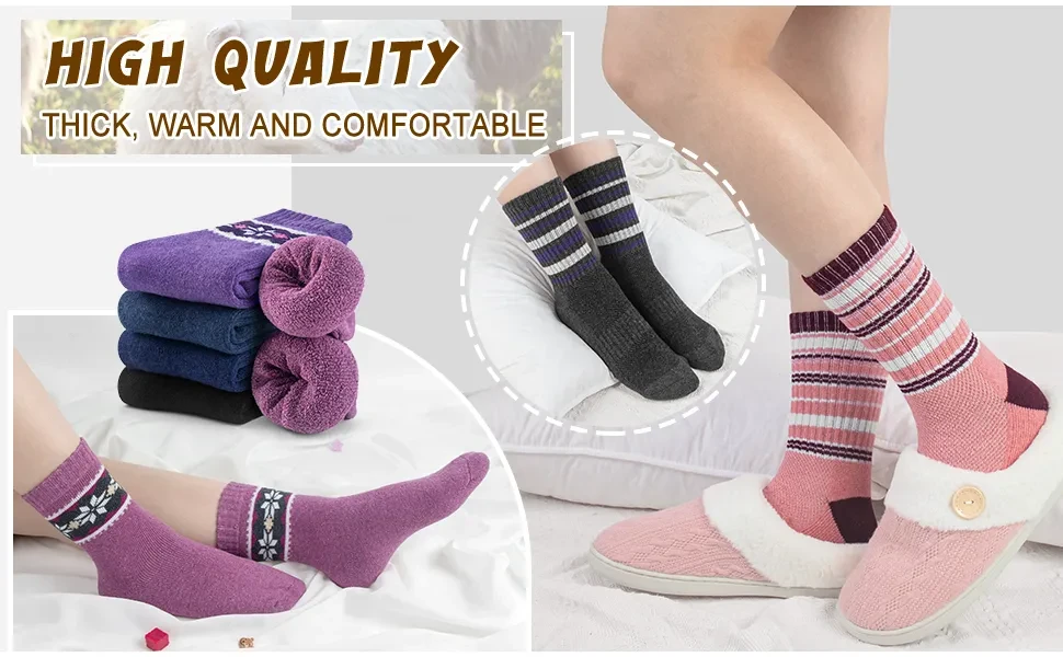 Loritta 5 Pairs Warm Wool Socks for Women, Thick Knit Thermal Crew Winter  Warm Socks 