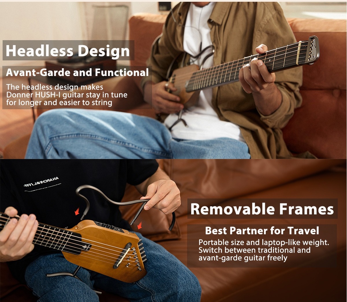  Donner HUSH-I Guitar For Travel - Portable Ultra-Light and  Quiet Performance Headless Acoustic-Electric Guitar, Mahogany Body with  Removable Frames, Gig Bag, and Accessories Natural : Musical Instruments