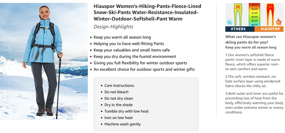 Hiauspor Women's Water Repellent Fleece Snow Ski Winter Pants with Poc