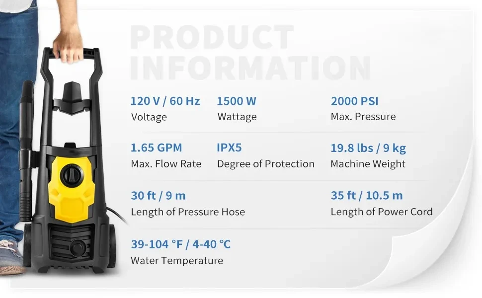 BENTISM Electric Pressure Washer 2000PSI Max, 1.65 GPM Power Washer w/ 30  ft Hose and 5 Nozzles Foam Cannon for Patios, Cars, Fences, Driveways, ETL  Listed 