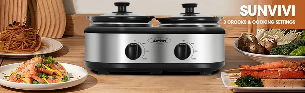 Sunvivi Dual Pot Slow Cooker, 2 Pot Small Mini Crock Buffet Server and Warmer, Upgraded Oval Ceramic Double Pot Buffet Food Warmer Adjustable Temp