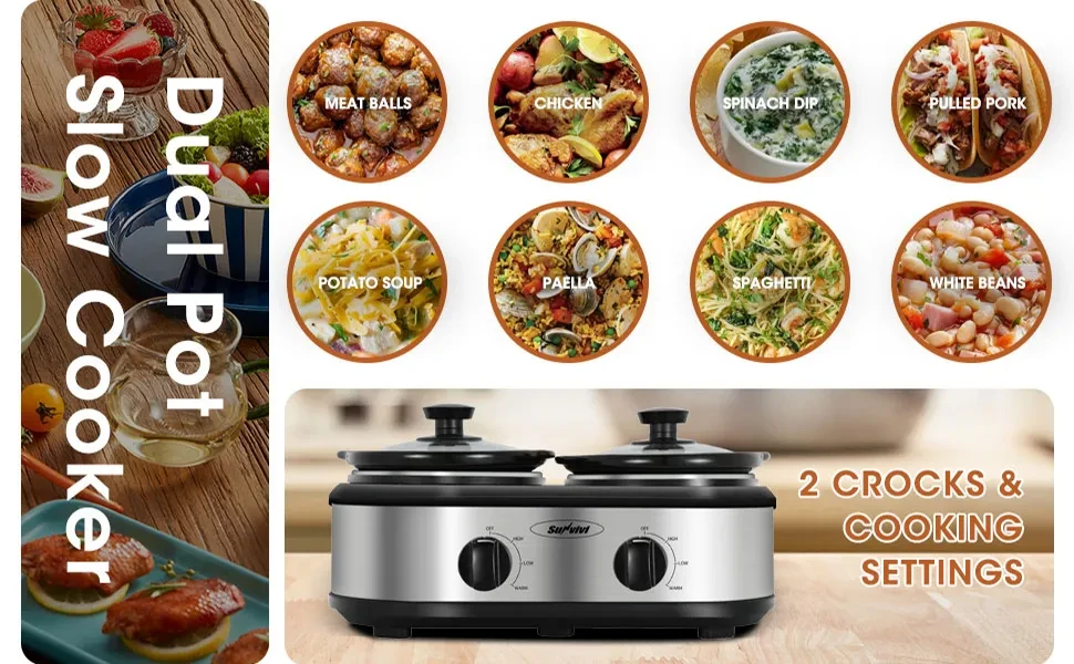 Sunvivi Double Slow Cooker,2 Pot Small Mini Crock Buffet Servers and  Warmer,Dual Pot Oval Manual Slow Cooker with Adjustable Temp Removable  Ceramic