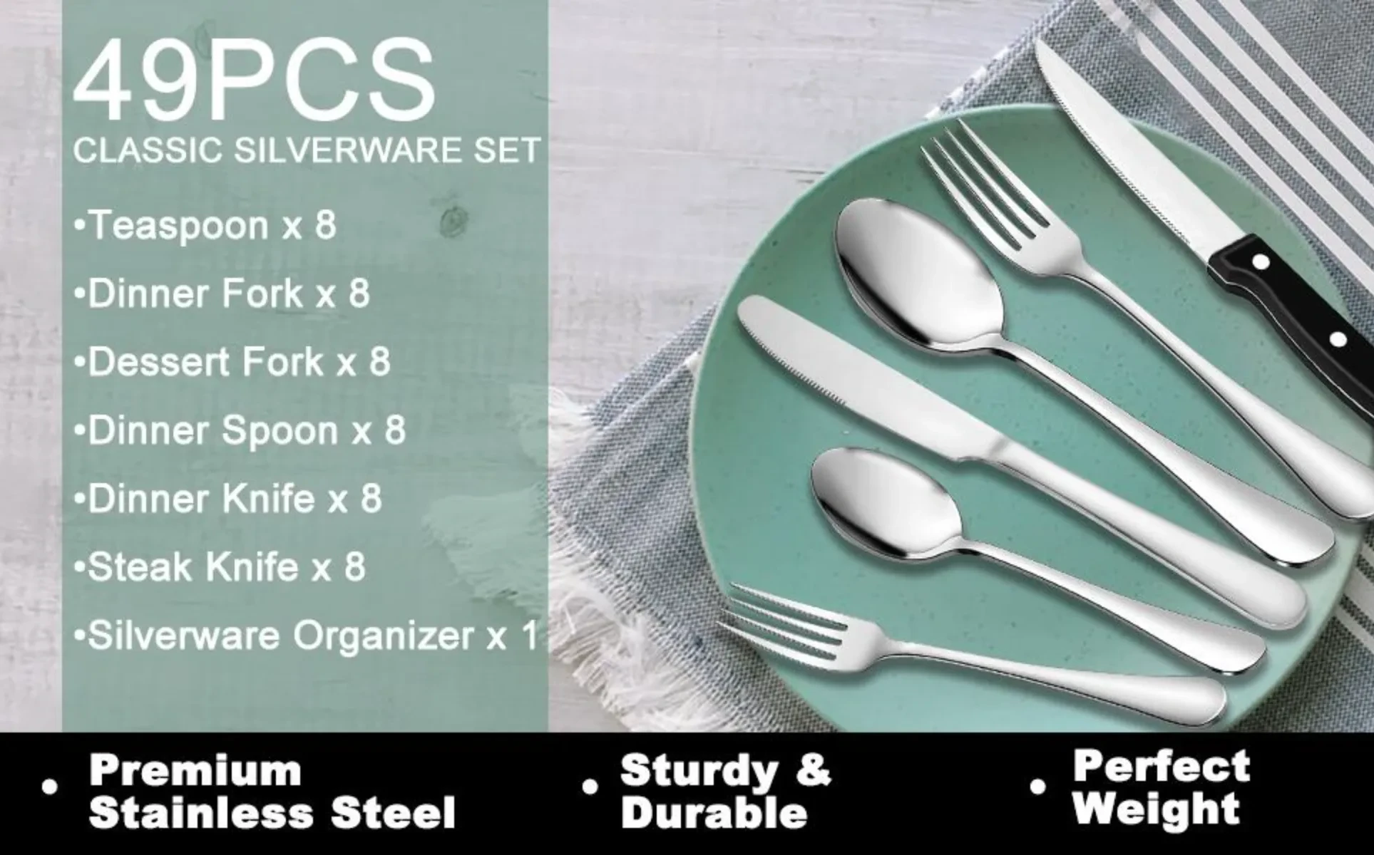 Hammered Silverware Set with Organizer, 49 Piece Stainless Steel Flatware  Set for 8, Eating Utensil Sets with Steak knives, Cutlery Tableware Service