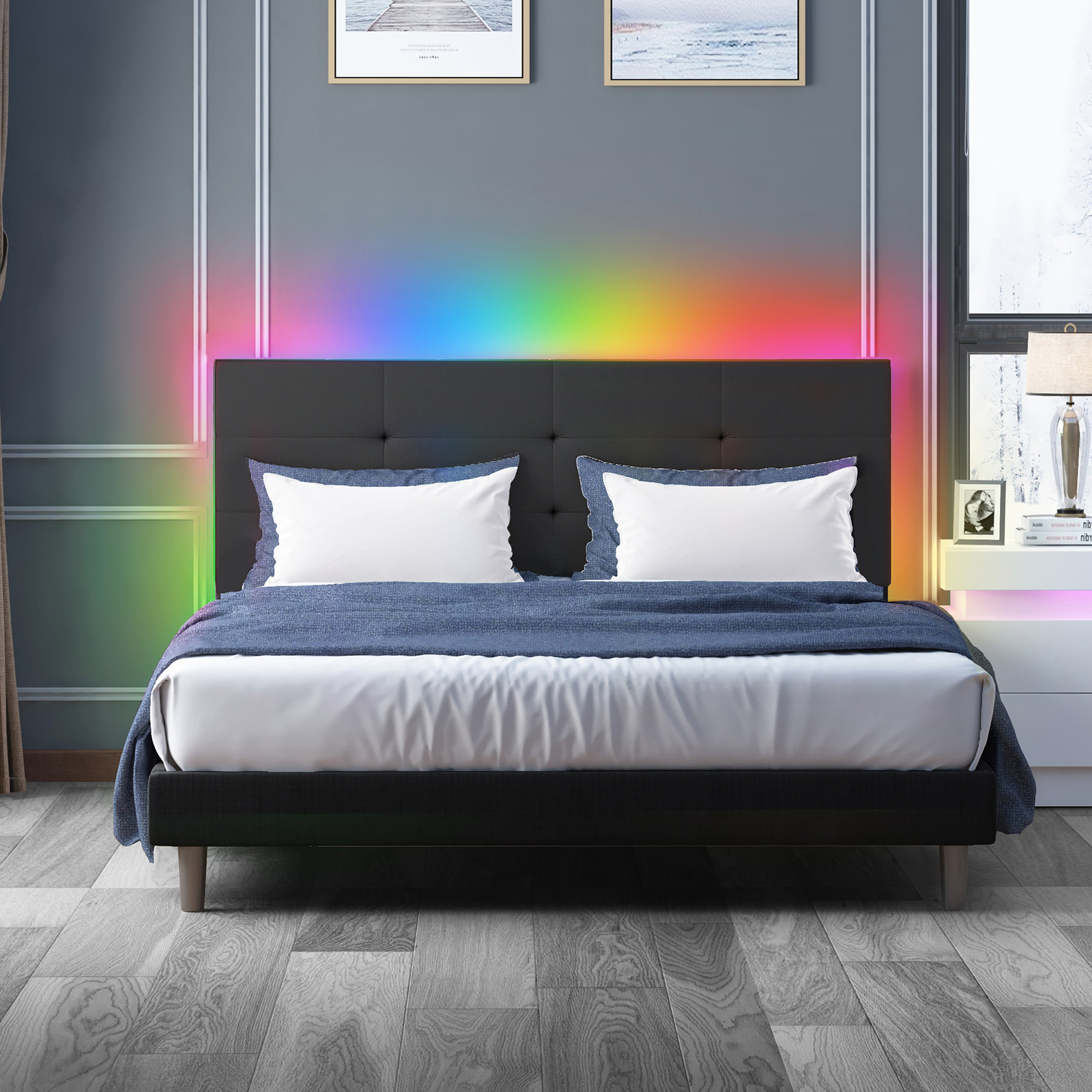 Mjkone Full Size Beds with LED Headboard, RGB LED Light Controlled by Alexa or APP, Fabric Upholstered Platform//Easy Box Spring Black) - Walmart.com