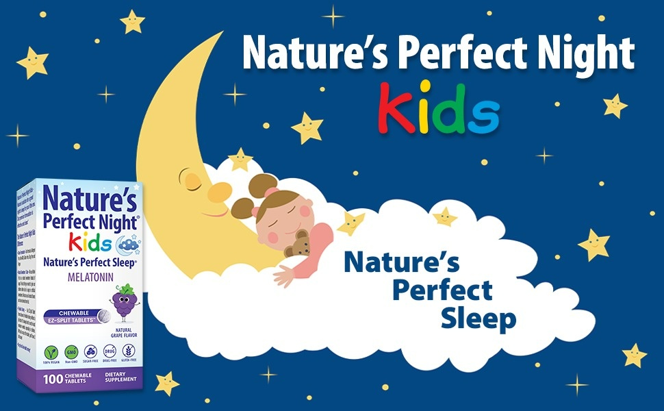 Nature's Perfect Night Kids | Melatonina infantil de 1 mg | 100 tabletas  masticables | Sabor natural de uva | Sin azúcar | Vegano | Sin gluten | Sin