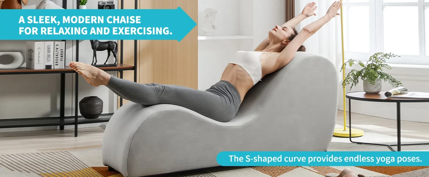 MUZZ Curved Velvet Yoga Chaise Lounge,Relaxing&Exercising Yoga Chair for  Indoor Living Room (Light Grey) 