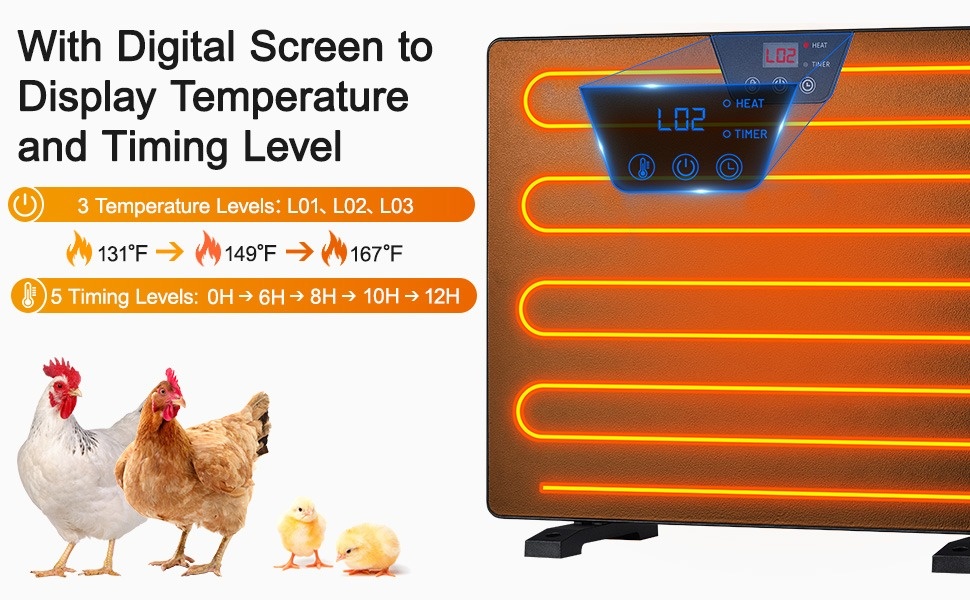 Winpull Chicken Coop Heater, Portable Radiant Chicken Heater, 5 Timing and  3 Temperature Levels, 100/200W Coop Heater with Thermostat Energy Efficient