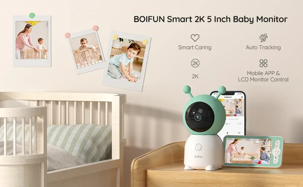 BOIFUN Smart 2K 5 Zoll Babyphone mit Kamera PTZ Drahtlose LCD Monitor  Temperatur