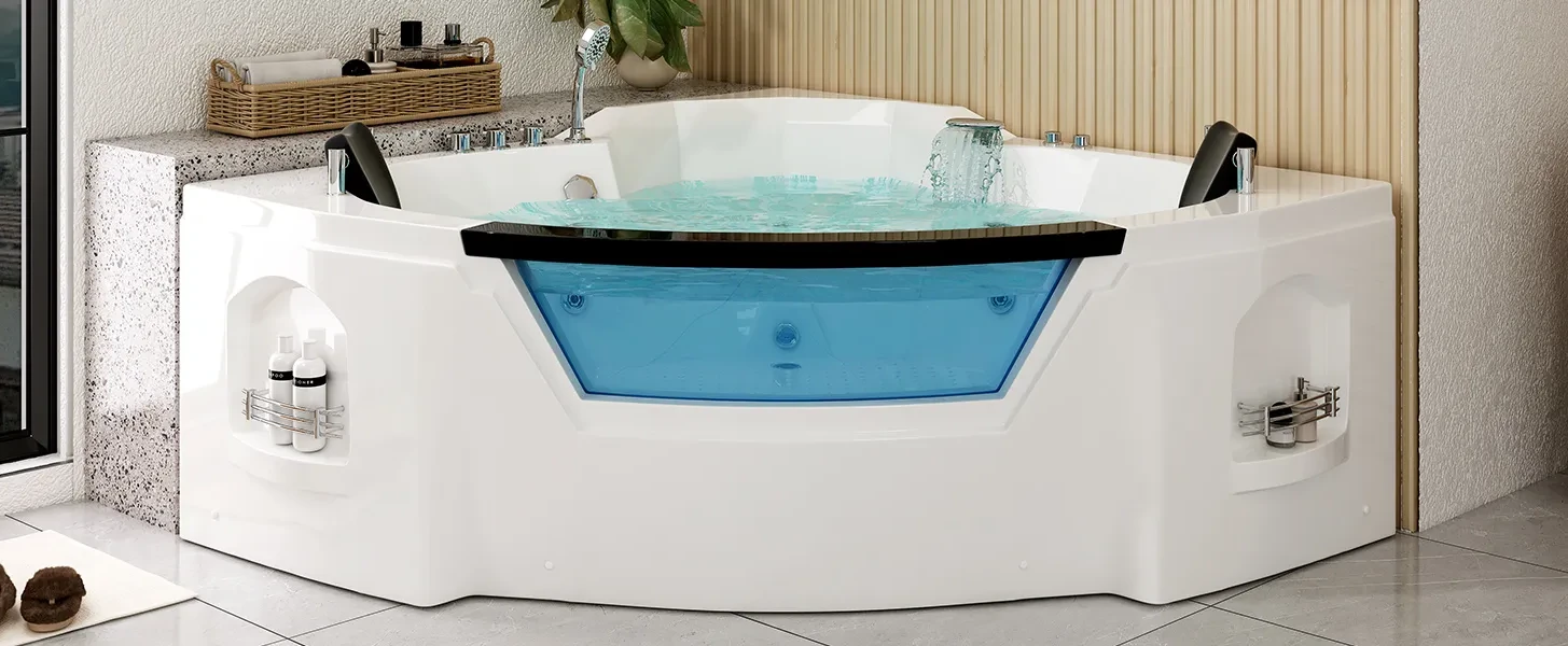 Mjkone Freestanding Whirlpool Bathtub,Spacious Triangle Shaped Back to Wall  Tub,Therapy Massage Soaking Tub with Double Pillows,Elegant White Acrylic  Jet Spa with Powerful Hydro Jets 