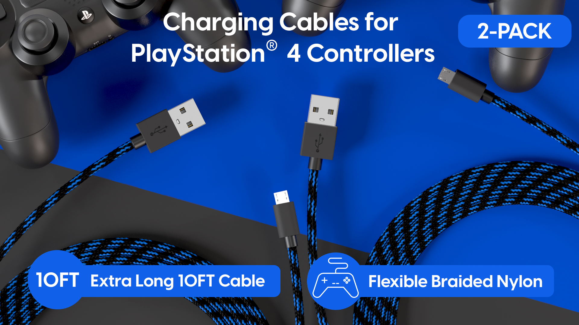 TALK WORKS Long Controller Charging Cable for Playstation 4-10-Foot Long  Braided Micro USB Cord Charger Cord for PS4 Controller - Blue-Black, 2 Pack