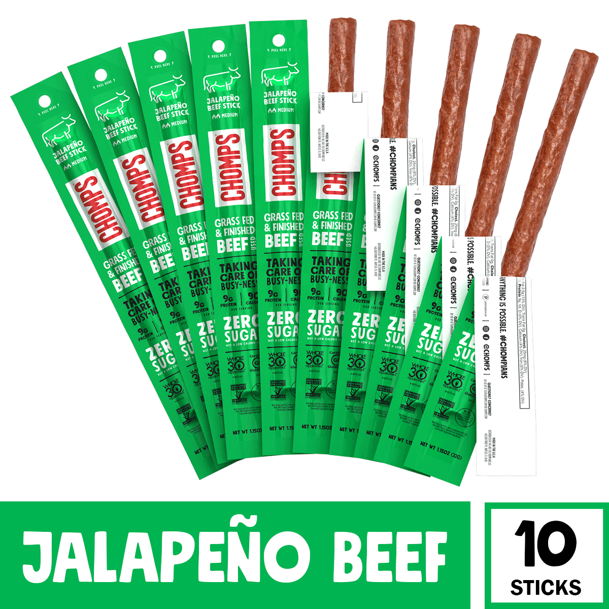 Chomps Grass Fed Beef Jerky Sticks, Jalapeno Beef, High Protein, Gluten  Free, Sugar Free, Whole 30 Approved, 24ct 1.15oz 