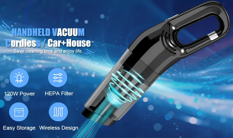 Kibhous Protable Car Vacuum Cleaner, 120W Car Vacuum Cleaners Cordless, Handheld Vacuum for Quick Cleaning, Hand Held Vacuuming Cordless Rechargeable