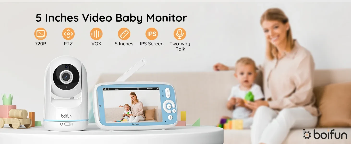 BOIFUN Video Baby Monitor with Remote Pan-Tilt-Zoom, VOX Mode, 500M Long  Range, Night Vision, 5'' Smart Baby Monitor with Camera and Audio, Two-Way  Talk, No WiFi 