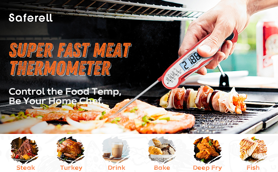 Meat Thermometer for Cooking, Saferell 2-in-1 Instant Read Food Thermometer  with Foldable Probe & Oven Safe Wired Probe, Backlight, and Magnet for