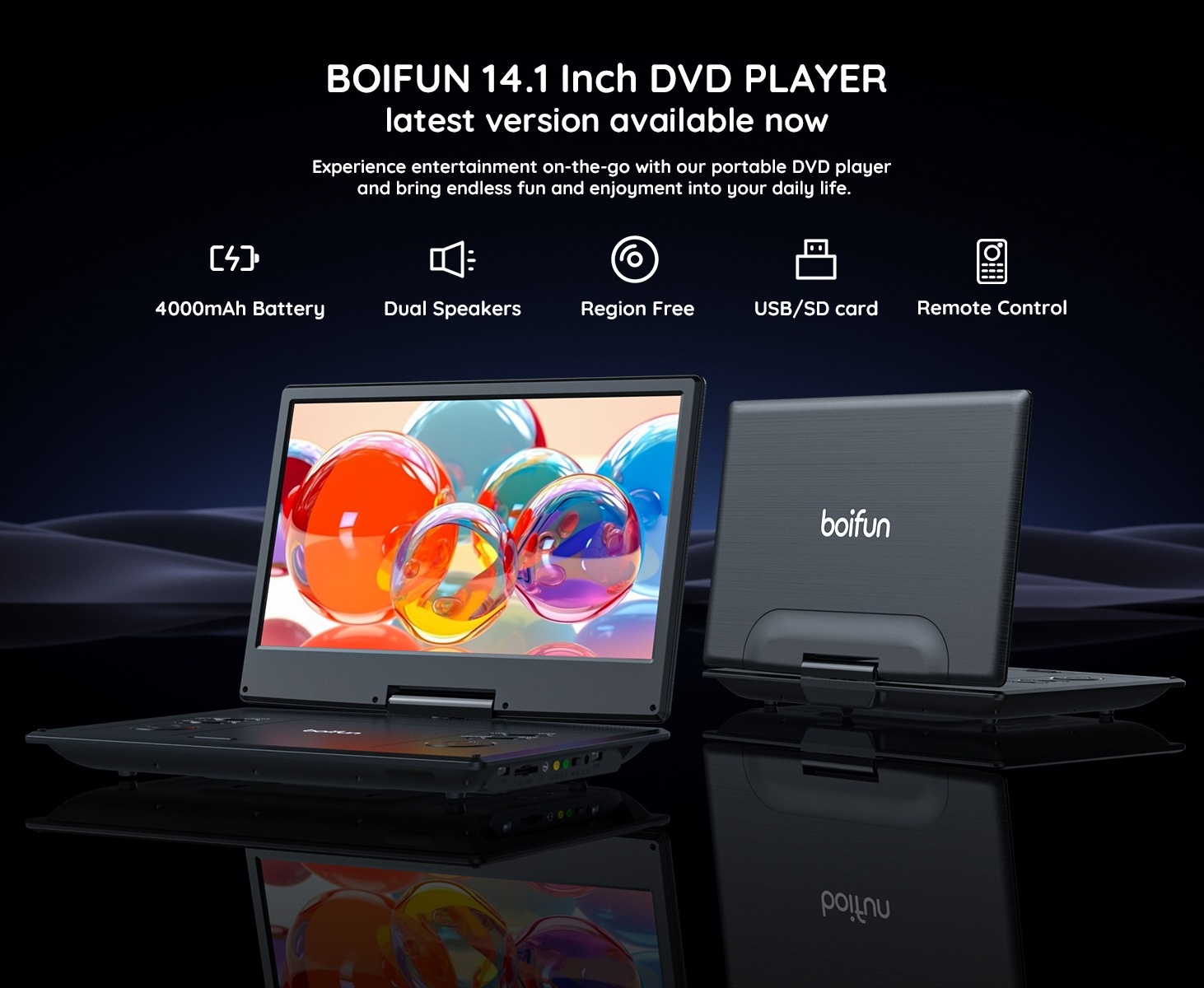 BOIFUN 14.8 Portable DVD Player with 13.3 HD Screen Enhanced Luminance,  HDMI Input, Wide View Angle, 4000mAh Rechargeable Battery, USB/SD/Sync TV