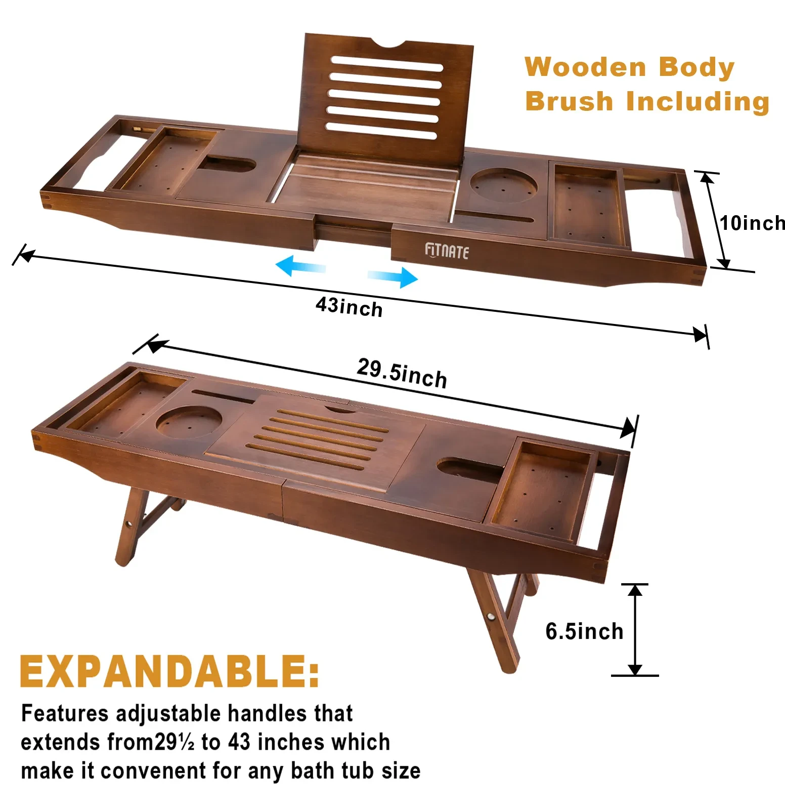 FITNATE Bamboo Bathtub Caddy Tray, Wooden Bathtub Caddy 31 to 43  Extendable Non-Slip Bamboo Tray for Most Bathtubs, with Extra Body Brush 