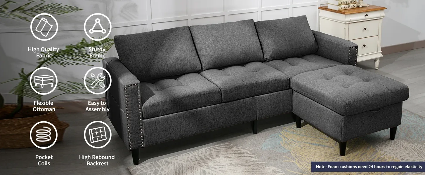 ZAFLY Reversible 3-Seat Sectional Sofa