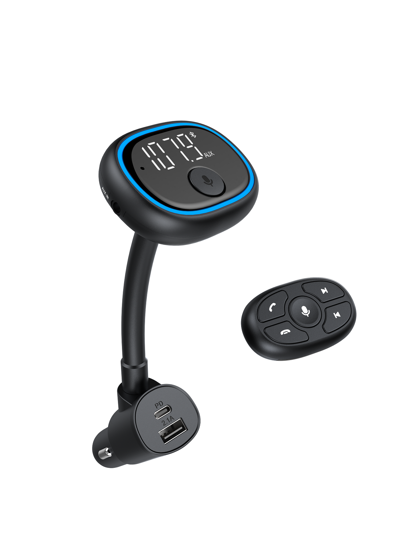 onn. Wireless FM Transmitter with Bluetooth and Native Voice App Compatible  with Smartphone 