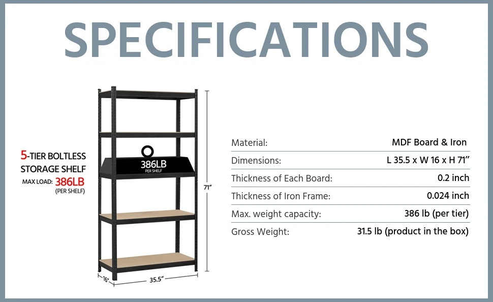 Lundys 71 H x 35.5 W x 16 D 5-Tier Adjustable Metal MDF Storage Rack Shelves Boltless Shelving The Twillery Co. Finish: Black