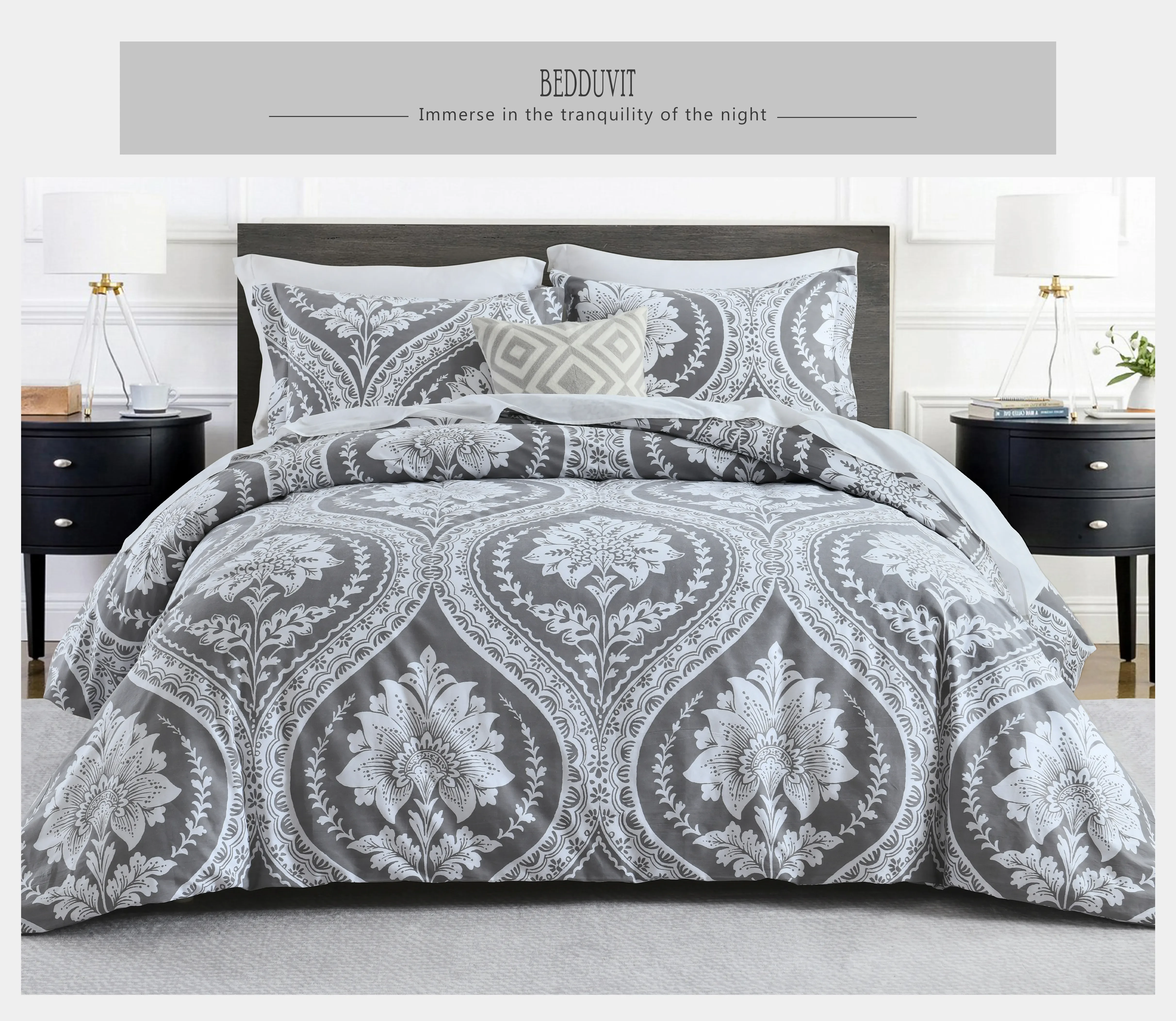 Bedduvit Queen Size Duvet Cover - 100% Cotton 400 Thread Count Summer Duvet  Cover Damask Floral Vintage Bedding Set with Zipper Closure, Reversible  Bohemian Soft 3-Piece Comforter Set, 90x90, Gray 