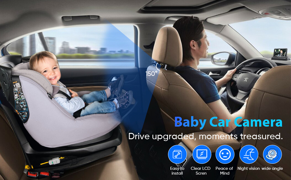 Zacro 1080P Baby Car Camera, 4.3 Baby Camera for Car with HD Night Vision,  150° Wide View Angle Baby Car Mirror with Camera, 360° Rotatable Safety