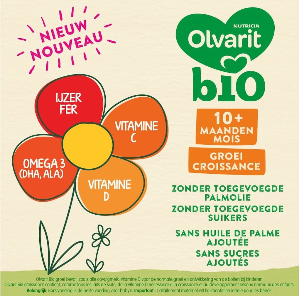 Publicité pour Olvarit Nutricia BIO 10+ mois mettant en avant les bienfaits nutritionnels comme le fer, la vitamine C, les oméga 3 (DHA, ALA) et la vitamine D. Sans sucres ajoutés ni huile de palme. 