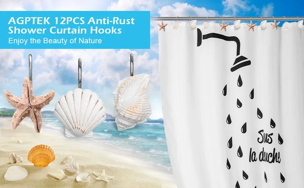 AGPtek 12PCS Shower Curtain Hooks Bathroom Home Fashions Seashell