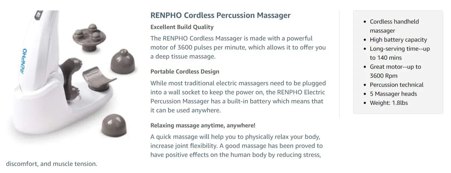 RENPHO Rechargeable Hand Held Deep Tissue Massager for Muscles, Back, Foot,  Neck, Shoulder, Leg, Cordless Electric Percussion Body Massage , FSA and