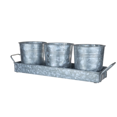 MyGift Handcrafted Farmhouse Galvanized Metal Plant Pot Set, Small Bucket Succulent Planter and Removable Display Tray with Handles - Handmade in