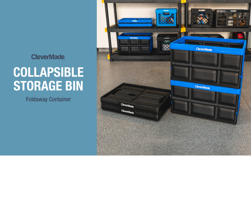 CleverMade 62L Collapsible Storage Bins with Lids - Folding Plastic  Stackable Utility Crates, Solid Wall CleverCrates, 3 Pack, Neptune Blue