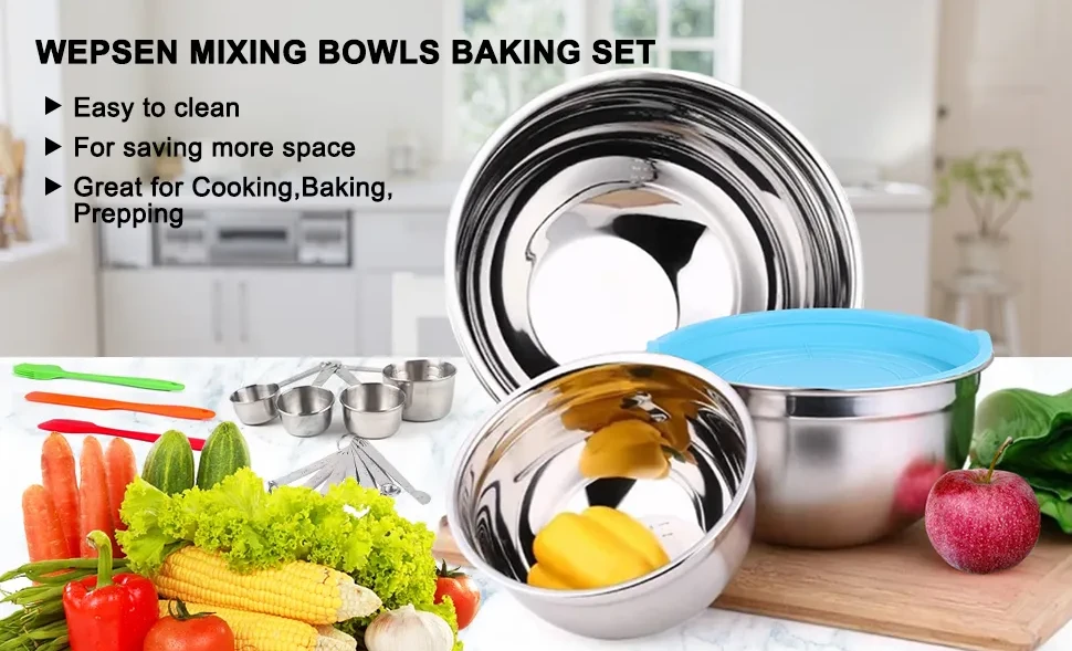 Kosbon Mixing Bowls with Lid Set, 35pcs Kitchen Utensils Stainless Steel Nesting Bowls, Measuring Cups and Spoons, 12 Reusable Silicone Stretch Lids