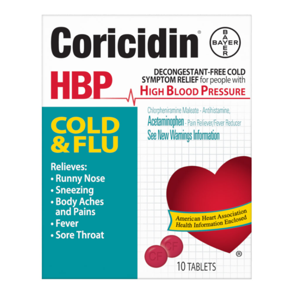 Coricidin HBP, Cold & Flu Relief Tablets, High Blood Pressure, 10 Count ...