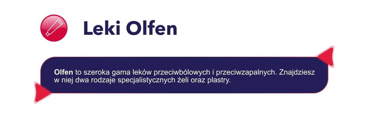 Olfen to szeroka gama leków przeciwbólowych i przeciwzapalnych. Znajdziesz w niej dwa rodzaje specjalistycznych żeli oraz plastry.