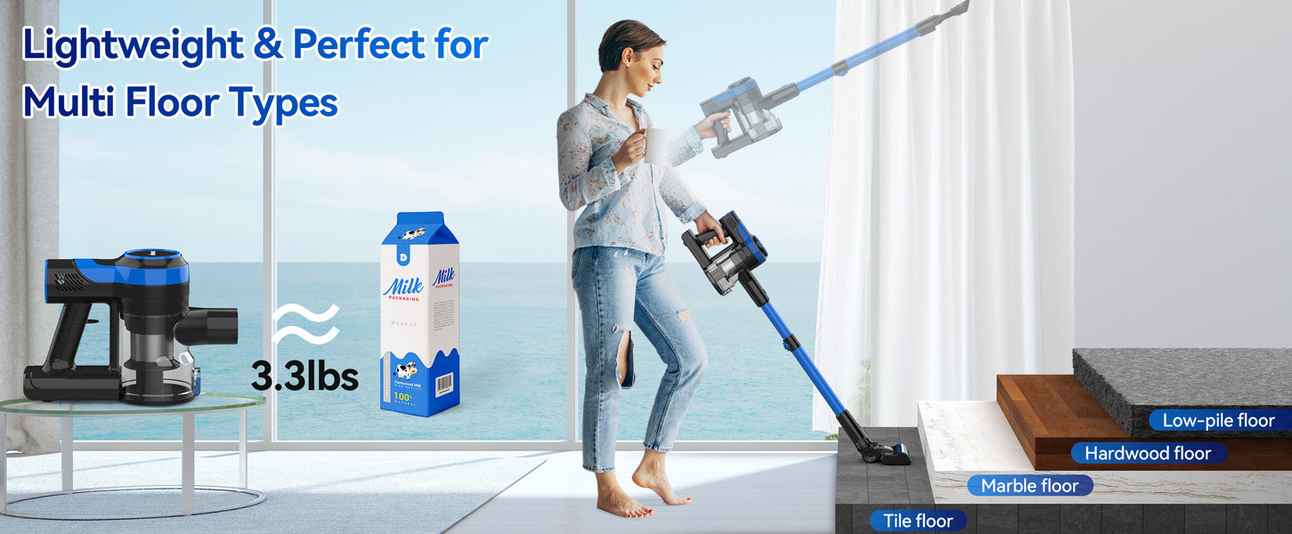  DEVOAC S11 Cordless Vacuum Cleaner, 28Kpa Powerful Suction  Vacuum with 350W Brushless Motor, Lightweight Stick Vacuum Cleaner Max 45  Min Runtime for Carpet and Hard Floor Pet Hair (Sky Blue)