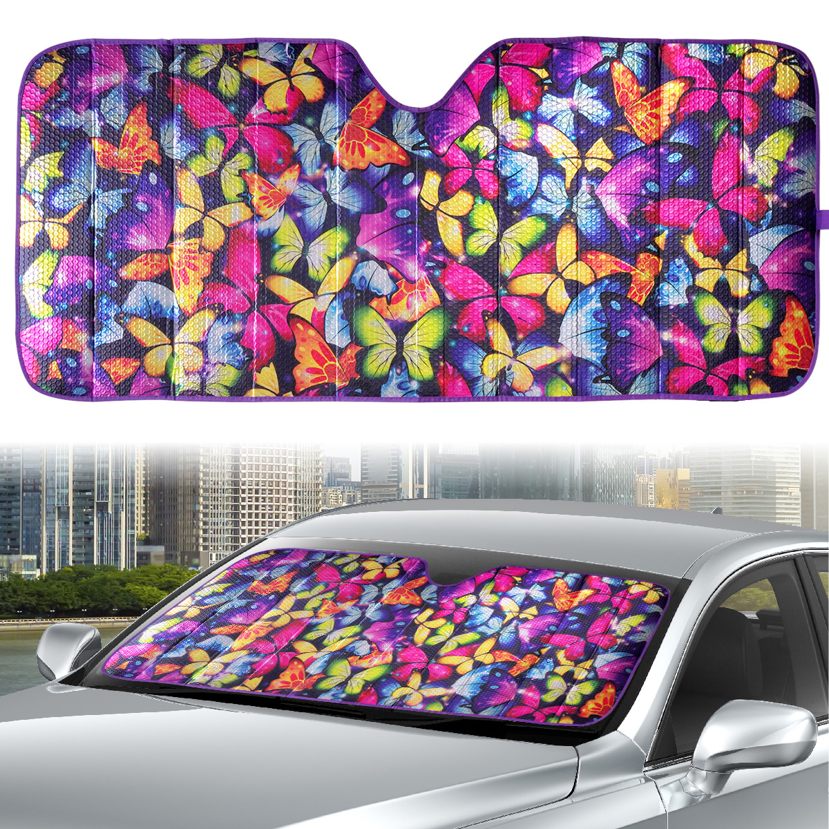 Auto Drive Vehicle's Windshield Fit Butterfly Accordion Sun Shade  AD021703M-2 1 Pack, 63'' x 28.5'' 